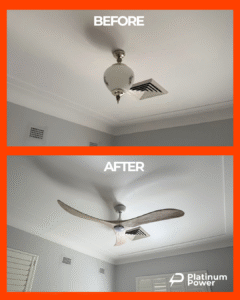 Licensed electrician installing a ceiling fan in an Epping NSW home